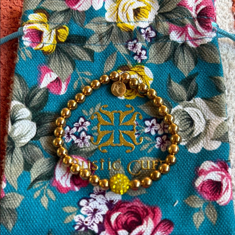 Rustic Cuff Gold Beaded Bracelet With Yellow Beaded Jewel